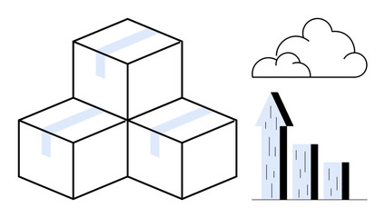 Stacked cardboard boxes, an upward-trending bar graph, and a minimal cloud illustration. Ideal for business logistics, supply chain, inventory management, growth, shipping, warehousing simple