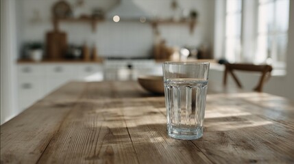 Glass of water on wooden kitchen table