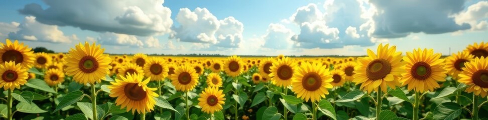 Fototapeta premium Vast sunflower field under a cloudy sky, golden blooms , photography, scenic