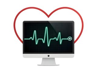 Computer displaying green electrocardiogram waveform within red heart outline isolated on a transparent background