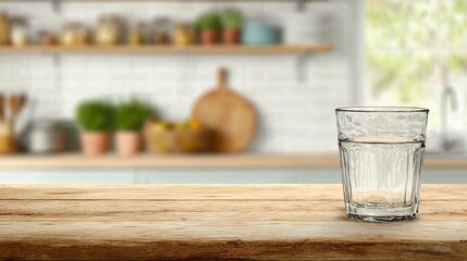 Glass of water on wooden kitchen table
