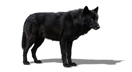Obraz premium Majestic black wolf with amber eyes standing alert on a white background