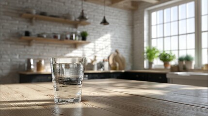Glass of water on wooden table in kitchen