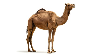 Majestic dromedary camel standing tall against a clean white backdrop in studio lighting