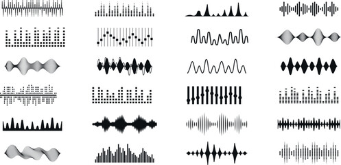 Sound wave icons set, equalizer music beats, digital audio waveform vector