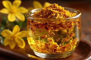 A close-up shot showcases calendula flower petals infusing in clear oil, set against a backdrop of fresh yellow flowers, all resting on a wooden surface, vibrant and natural