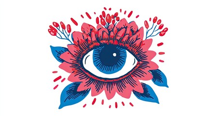 Eye surrounded by floral design in bold colors