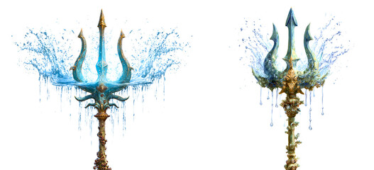 Obraz premium Set of ancient tridents wielded by ocean gods with enchanted water and barnacles isolated on a white or transparent background