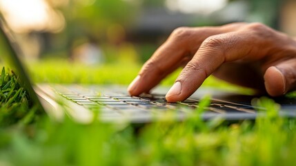 Hand typing on laptop in grass