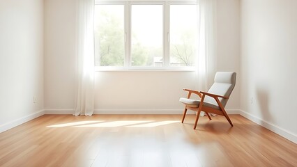 Empty living room featuring a mid-century modern chair, bathed in soft natural light for a serene and inviting atmosphere.