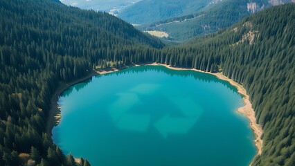 A serene lake shaped like a recycling symbol in a forested valley, viewed from above.