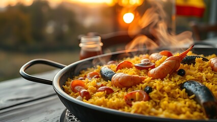 Traditional paella with saffron rice and seafood, steaming against a warm autumn sunset.