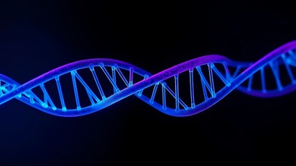 Abstract DNA helix structure glowing in blue and purple tones on a dark scientific background.