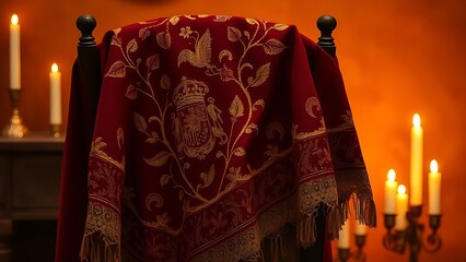 Spanish embroidered shawl with floral motifs in burgundy and gold, draped elegantly over a chair in warm candlelight.