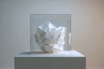Crumpled paper sculpture displayed in a modern clear cube on a pedestal.