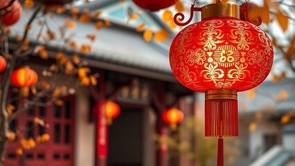 Vibrant red lantern with golden patterns glowing against a softly blurred traditional courtyard.