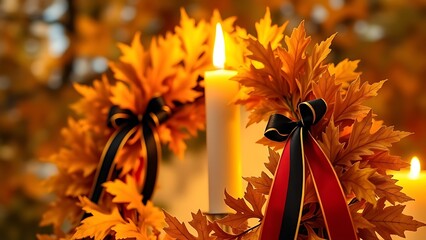 Golden oak leaf wreath with black-red-gold ribbons, candlelit glow amidst soft autumn foliage backdrop.