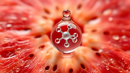 A hyperrealistic water droplet with molecular structure emerging from fruit.
