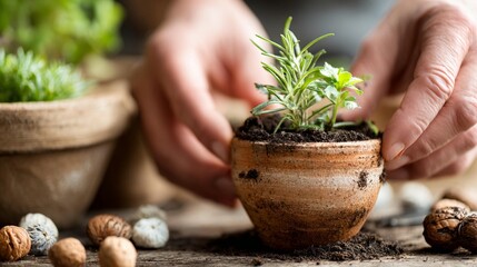 Hands potting small plant in terracotta pot