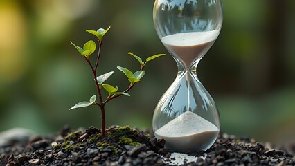 A cracked hourglass spilling sand onto a young sapling, representing premature time pressure.