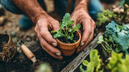 Hands planting young plant