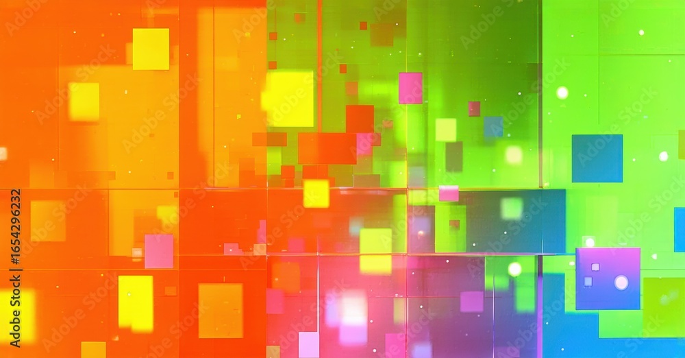 Poster abstract colorful squares create vibrant digital pattern. bright hues blend, forming energetic visua