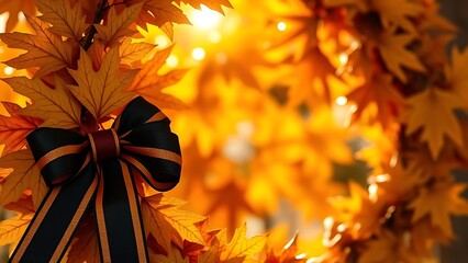 Golden oak leaf wreath with black-red-gold ribbon, bathed in warm autumn sunlight with blurred maple leaves behind.