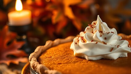 Rustic pumpkin pie with golden crust and whipped cream, glowing warmly with blurred autumn leaves in the background.