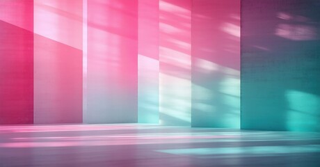 Abstract space features vibrant pink, blue hues. Light creates dramatic shadows, geometric patterns on walls, floor. Minimalist design.