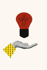 Sketch template design photo collage of body hand hold idea electric bulb jigsaw think solution...