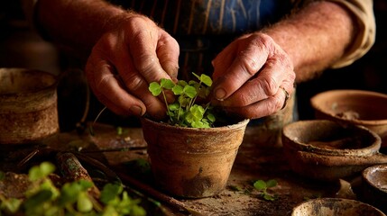 Hands tending small plant in terracotta pot