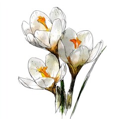 Delicate, white crocus blossoms in a watercolor style