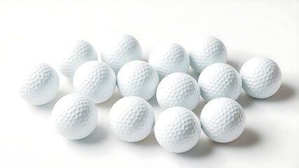 A close-up arrangement of golf balls on a white background, showcasing minimalist sports aesthetics.