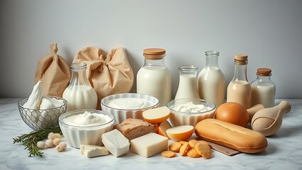 Assorted dairy products arranged on a marble surface, highlighted by cool overhead lighting.