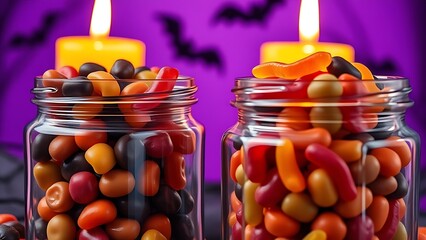 Candy-filled glass jars with chocolates, creating a whimsical Halloween treat display.