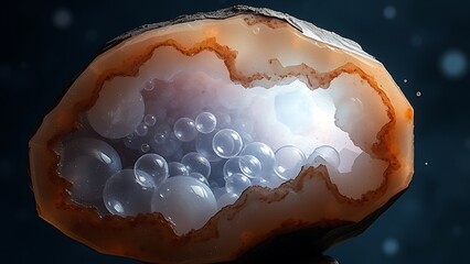 Translucent geode bursting with cosmic dust and glowing bubbles, capturing ancient atmosphere.