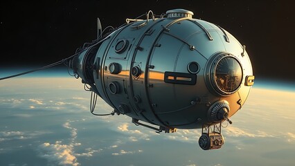 Futuristic silver balloon with scientific instruments, floating at the edge of black space.