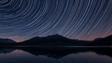 Timelapse of meteor trails forming a celestial web over mountains, mirrored in a tranquil lake below.