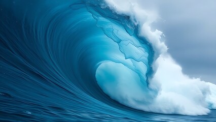 A towering blue wave frozen mid-crash, revealing swirling currents and dark shapes beneath.