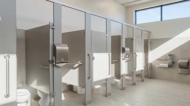 Interior view of a public restroom with stalls and tiled walls bathed in sunlight