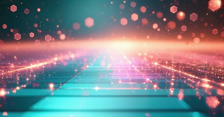 Obraz premium Futuristic landscape. Bright lights extend toward horizon. Teal platform dominates foreground, pink hues above. Sparkling particles float throughout scene.
