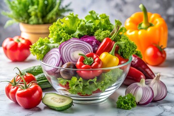 A vibrant vegetable salad with tomatoes, onions, lettuce, cucumbers, and peppers in a glass bowl, a healthy and fresh dish for a nutritious vegetarian diet