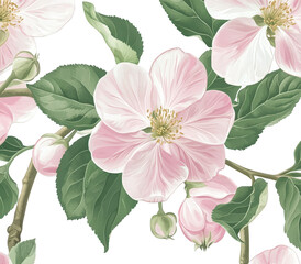 Seamless pattern of delicate pink apple blossoms with green leaves, isolated on transparent background