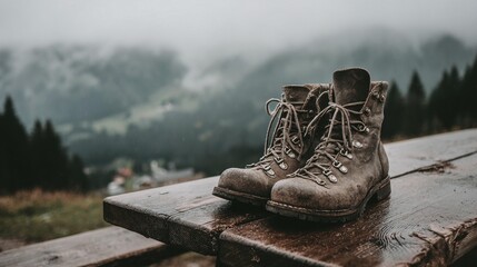 Hiking boots on mountain table