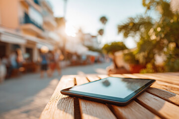 Bright seaside street with tablet on table in the evening sun