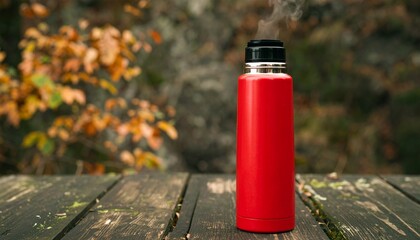 Hot Steam and a Red Thermos. A red metal thermos designed for hot beverages, with realistic, wispy white steam gently rising from its open top.
