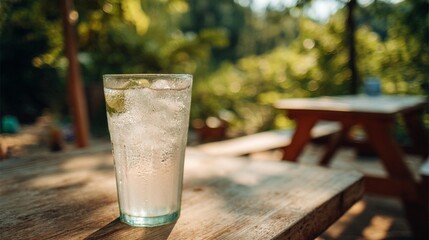 Iced water glass outdoors