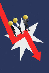 Creative sketch design artwork collage of arrow point down team people coins head stand inflation...