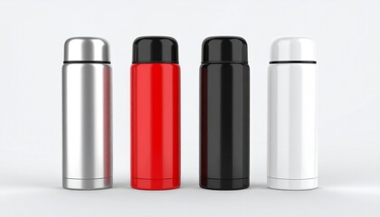 Thermos Color Variations in a Row. Four identical thermoses standing in a neat, perfectly aligned row, showcasing the different colors: glossy white, black, red, and silver.
