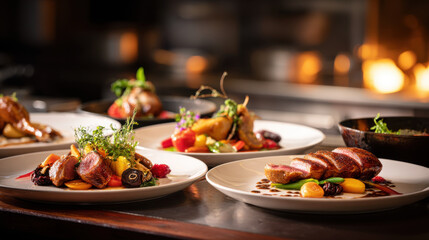 A selection of gourmet dishes artfully arranged, ready to be enjoyed in a warm, inviting setting.